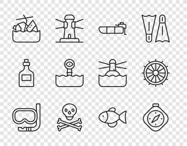 Dalış maskesi, şnorkel, pusula, motorlu şişme tekne, çapraz kemikli kafatası, batan yolcu gemisi, Periscope, Balık ve Tekerlek ikonu. Vektör