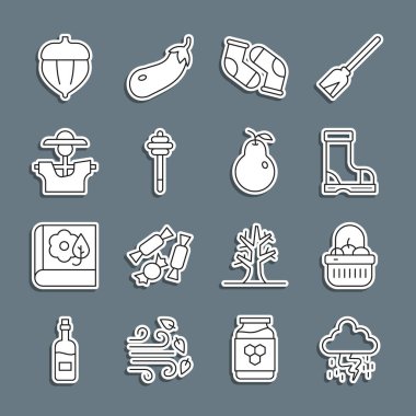 Storm, Basket ve yiyecek, su geçirmez lastik bot, çorap, ballı çubuk, korkuluk, meşe palamudu ve armut ikonu. Vektör