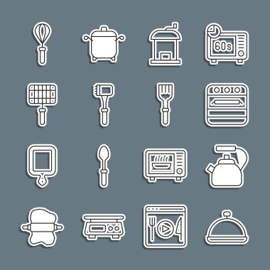 Sırayı yemek tepsisi, kettle kulpu, fırın, manuel kahve öğütücüsü, mutfak çekici, ızgara çelik ızgara, çırpı ve çatal ikonu ile kaplayın. Vektör