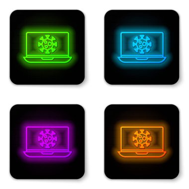 Dizüstü bilgisayar simgesinin parlayan neon hattı istatistikleri beyaz arkaplanda izole edildi. Corona virüsü 2019-nCoV. Bakteri ve mikroplar, hücre kanseri, mikrop, mantar. Siyah kare düğme. Vektör..