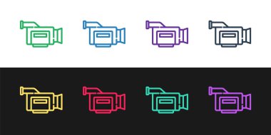 Sinema kamera simgesi siyah beyaz arkaplanda izole edildi. Video kamera. Film tabelası. Film projektörü. Vektör.