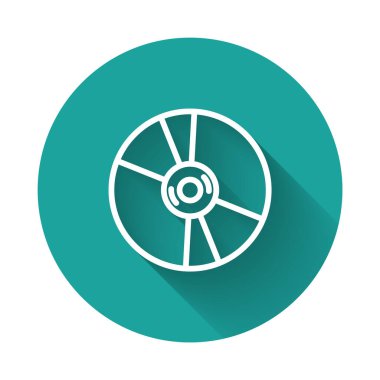 Uzun gölgeli beyaz çizgi CD veya DVD disk simgesi. Küçük disk işareti. Yeşil daire düğmesi. Vektör.