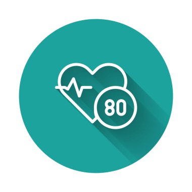 Beyaz çizgi kalp atış hızı ikonu uzun gölge arkaplan izole. Kalp atışı işareti. Kalp atışı ikonu. Kardiyogram simgesi. Yeşil daire düğmesi. Vektör