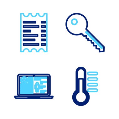 Termometreyi ayarla, tıbbi kayıtlar, anahtar ve kağıt kontrol ikonu. Vektör