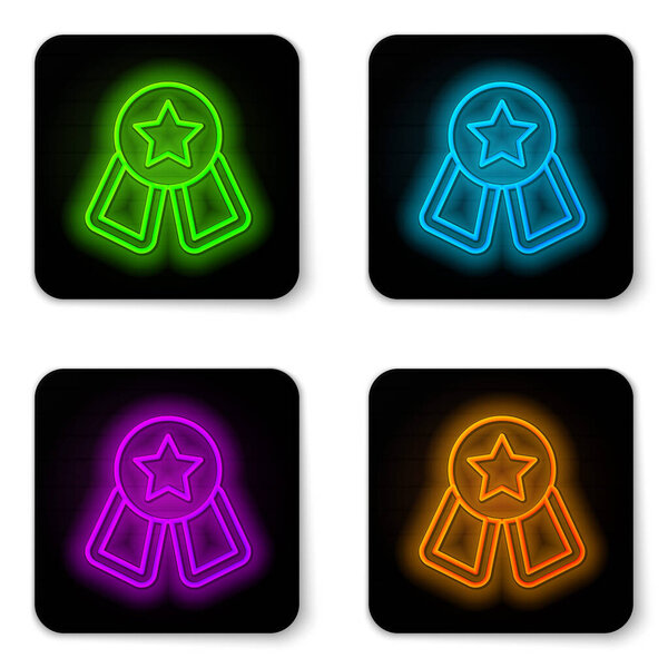 Glowing neon line Medal with star icon isolated on white background. Winner symbol. Black square button. Vector