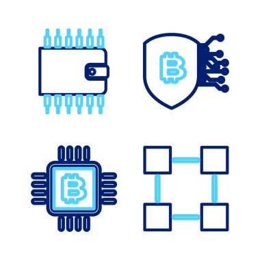 Hat Blockchain teknolojisi, CPU madencilik çiftliği bitcoin ve Cryptocurrency cüzdan ikonu ile kalkan. Vektör