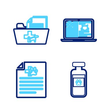 Pets şişe tıbbi, köpek ya da kedi için tıbbi sertifika dizüstü bilgisayarda ve veteriner klasörü ikonunda klinik kaydı ayarla. Vektör