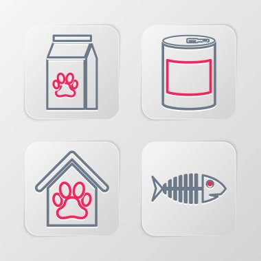 Balık iskeleti, köpek evi ve patili evcil hayvan, ikon için konserve yiyecek ve poşet. Vektör