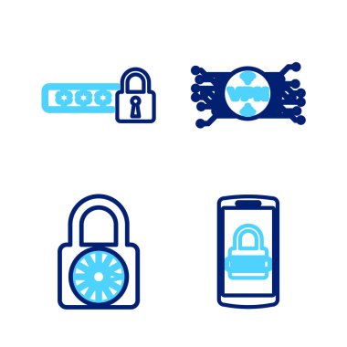 Satır hareketini ve şifreyi ayarla, güvenli kilit tekerleği, mikroçip devresi ve Parola koruma simgesi olan VPN. Vektör