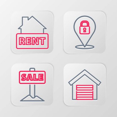 Garaj hattı, Satış, konum kilidi ve kira ikonu ile asılma tabelası ayarlayın. Vektör