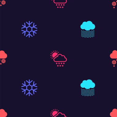 Bulut 'u yağmurla, kartanesiyle, karla, güneşle ve pürüzsüz bir şablonla donatın. Vektör.