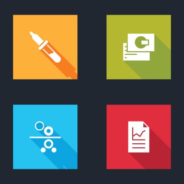 Pipette 'i, kartvizitini, kağıt rulo baskı makinesini ve grafik çizelgesi simgesini ayarla. Vektör.