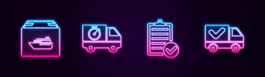 Kargo gemisini kutularla, teslimat kamyonu ve kronometreyle, teslimat listesinin doğrulanması ve işaretlenmesiyle ayarla. Parlayan neon ikonu. Vektör.