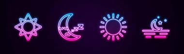 Güneş, Ay ikonu ve yıldızlar. Parlayan neon ikonu. Vektör.