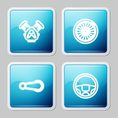 Hattı ayarla. Araba motoru, tekerlek, kapı kolu ve direksiyon ikonu. Vektör.