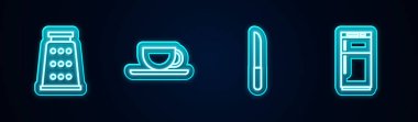Hat Grater, kahve fincanı, bıçak ve buzdolabı ayarlayın. Parlayan neon ikonu. Vektör.