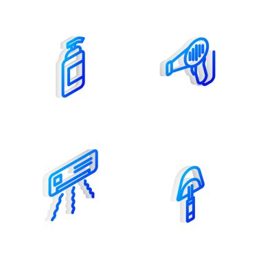 Isometric marka saç kurutma makinesi, antibakteriyel sabun, klima ve Spatula simgesini ayarla. Vektör