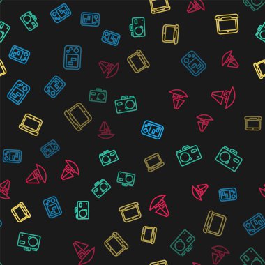 Tetris elektronik oyunu, fotoğraf makinesi, dizüstü bilgisayar ve oyuncak tekneyi kusursuz bir şekilde ayarla. Vektör