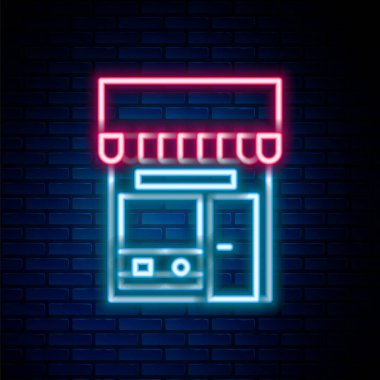 Parlayan neon hattı alışveriş binası ya da market ikonu tuğla duvar arkasında izole edilmiş. Dükkan inşaatı. Renkli taslak konsepti. Vektör