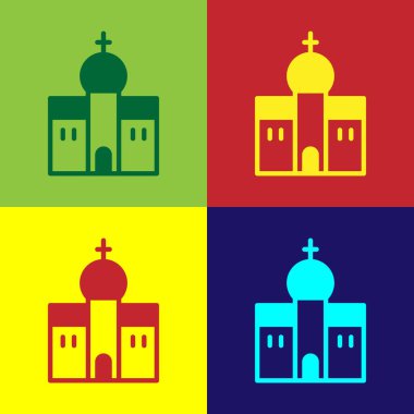 Pop Art Church binası ikonu renk arkaplanında izole edilmiş. Hıristiyan Kilisesi. Kilisenin dini. Vektör.