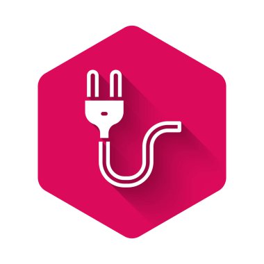 Beyaz Elektrik prizi simgesi uzun gölgeli izole edildi. Bağlantı kavramı ve elektriğin kesilmesi. Pembe altıgen düğmesi. Vektör.
