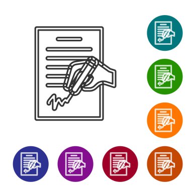 Siyah çizgi Dilekçe simgesi beyaz arkaplanda izole edildi. Simgeleri renk daire düğmelerine ayarla. Vektör.
