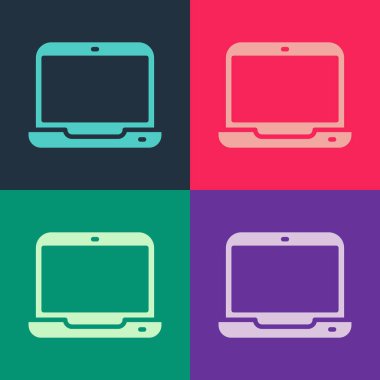 Pop sanat dizüstü bilgisayar simgesi renk arkaplanında izole edildi. Boş ekran işaretli bilgisayar defteri. Vektör