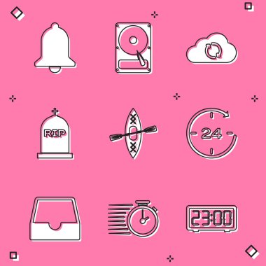 Zili ayarla, sabit disk sürücüsü HDD, Bulut senkronizasyonu yenilenmesi, RIP yazılı Tombstone, kano ve kürek ve 24 saat simgesi. Vektör