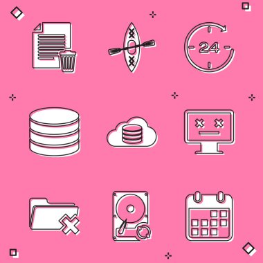 Silme dosya belgesi, Kayak ve Kürek, Saat 24 saat, Veritabanı, Bulut veritabanı ve Ölü Monitör simgesini ayarla. Vektör