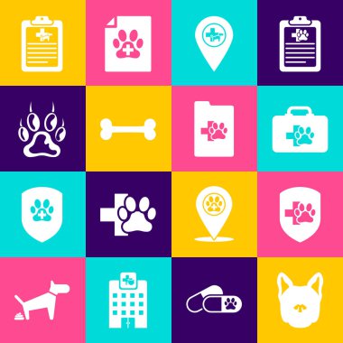 Set Köpeği, Hayvan Sağlık Sigortası, Hayvan İlk Yardım Çantası, Konum Veterineri, Kemik ve Pati ikonu. Vektör