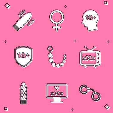Set Dildo vibrator for sex games, Female gender symbol, Head with 18 plus, Shield, Anal beads, Sex tv old television,  and Monitor content icon. Vector