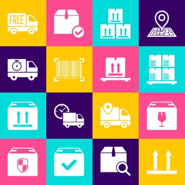 Bu tarafı düzelt, kırılgan içerikli teslimat kutusu, karton kutular palet, trafik, barkod, kamyon ve kronometre, ücretsiz dağıtım servisi ve simge. Vektör