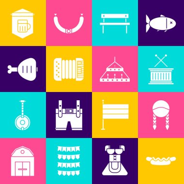 Hotdog sandviçi, Braid, müzikal bagetler, Bench, Accordion, Tavuk bacağı, bir bardak biralı tabela ve devasa çelik avize ikonu. Vektör