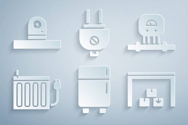 Buzdolabını, akıllı sensörü, ısıtma radyatörünü, depoyu, elektrik prizini ve güvenlik kamerası ikonunu ayarla. Vektör