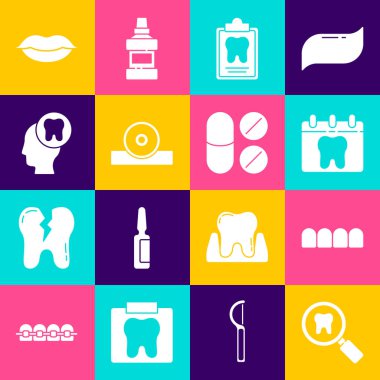 Diş araması, takma dişler, diş, kart, Otolaryngological baş yansıtıcı, insan, gülen dudaklar ve ağrı kesici tablet ikonlu takvim. Vektör