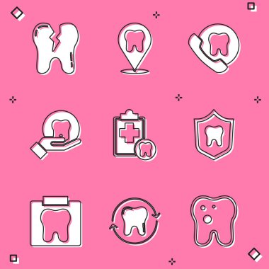Kırık diş muayenehanesi, diş bakımı, diş bakımı, kart, koruma, röntgen ve beyazlatma ikonu. Vektör