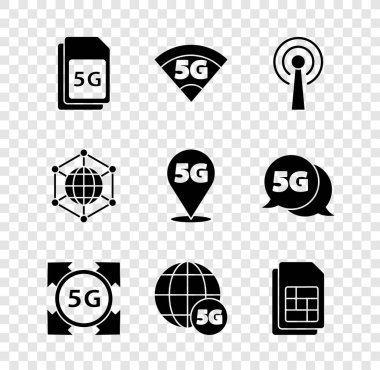 5G Sim Card, ağ, anten, kart, sosyal ve konum simgesi ayarla. Vektör