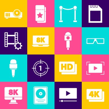 4k Ultra HD, Online oyun videosu, 3D sinema gözlükleri, ip engeli, 8k, Play Video, Media projektörü ve mikrofon simgesiyle dizüstü bilgisayarı ayarla. Vektör