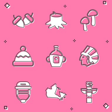 Meşe palamudu, ağaç kütüğü, mantar, Beanie şapkası, akçaağaç şurubu, Kızılderili Yerlisi, Hokey kaskı ve Kanada haritası ikonu. Vektör