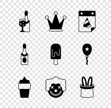 Şampanya şişesi, Crown, Takvim partisi, dondurma külahı, palyaço kafası, sihirbaz şapkası, tavşan kulağı ve ikon. Vektör