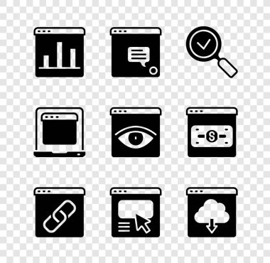 Grafik grafiği bilgisini, Yeni sohbet mesajları bildirimini, işaretli büyüteç, tarayıcı penceresi, UI veya UX tasarımı, Bulut indirme, dizüstü bilgisayar tarayıcısı ve takma isim simgesini ayarla. Vektör