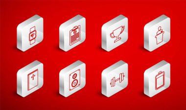 Battery, Clinical record, Trophy cup, Speaker, Dumbbell, Wireless, Stereo hoparlörlü Smartwatch ve kutsal İncil ikonu. Vektör