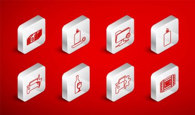 Şarap için ahşap fıçı, yanan mum şamdanı, FTP ayarları klasörü, araba servisi, kağıt para nakit para, cam ve elektrikli araba ikonu. Vektör