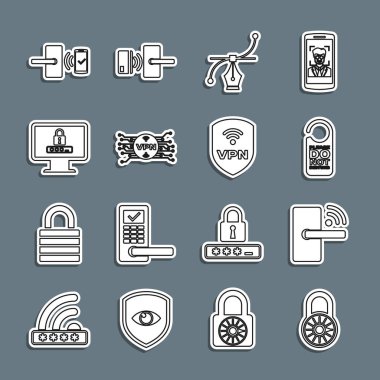Hat güvenli kombinasyon kilidi, kablosuz dijital kapı, lütfen rahatsız etmeyin, Bezier eğrisi, VPN mikroçip devresi, Monitör şifresi ve Shield simgesi. Vektör