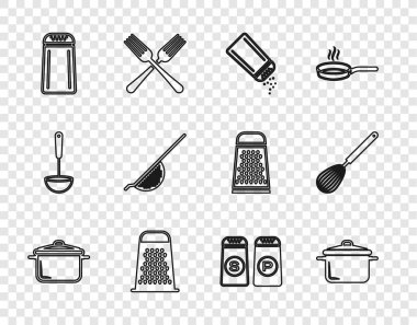 Yemek pişirme kabı, tuz ve biber, Grater, Kitchen süzgeci ve çırpma ikonu. Vektör