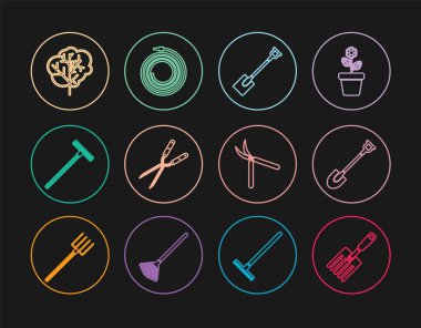 Bahçe çatalı, kürek, bahçe makası, tırmık, ağaç ve yangın hortumu ikonu. Vektör