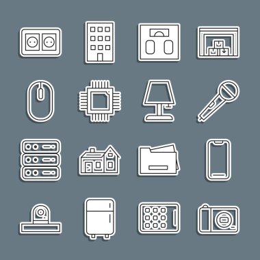 Kamera, akıllı telefon, mikrofon, banyo terazisi, işlemcili işlemci, bilgisayar faresi, elektrik prizi ve masa lambası ikonu ayarla. Vektör