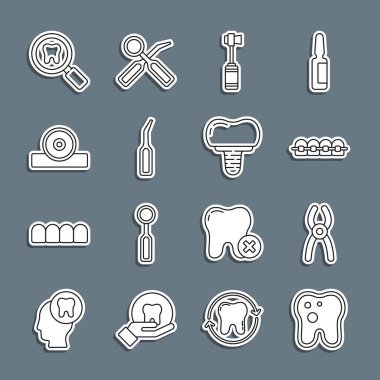 Diş bakımı, diş teli, diş fırçası, diş fırçası, kaşif pulu, Otolaryngological baş yansıtıcısı, arama ve yerleştirme ikonu. Vektör