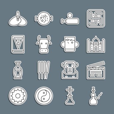 Hattı belirle Nargile, Bollywood Hint sineması, Taj Mahal, tahta kriket sopası ve top, İnek, Hindistan anayasa günü, başlık türbanı ve çay yaprağı ikonu. Vektör