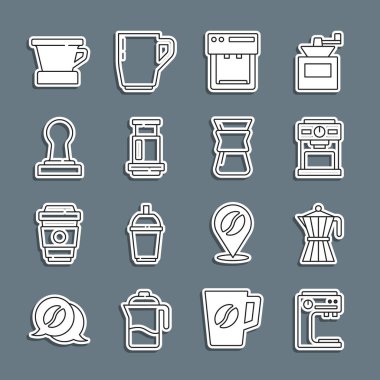 Hattı ayarla. Kahve makinesi, kahve demliği, uçak kahvesi, kurcalayıcı, V60 imalatçı ve ikonun üzerine dökme. Vektör